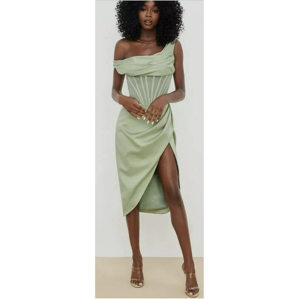 Sage One-Shoulder Midi Dress with Corset Detail